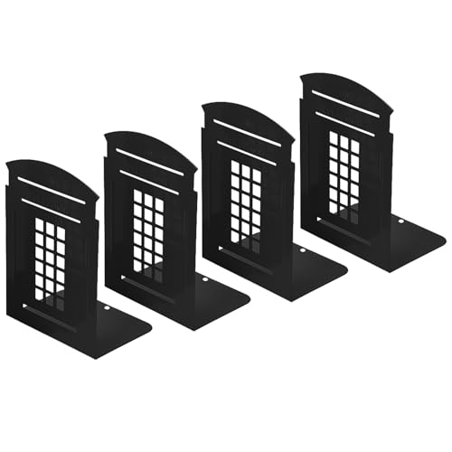 MerryNine 4 Pack Book Ends, Metal Bookends for Shelves, Telephone Booth Decorative Bookends, Non Skid Heavy Bookends, Book, Magazine or CD Organizers for Home and Office (Black-4pcs)
