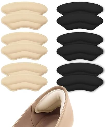 6 Pairs Heel Pads for Shoes, Memory Foam Heel Cushions to Prevent Blisters & Stop Slipping, Anti-Slip Heel Grips for High Heels & Dress Shoes, Black and Beige