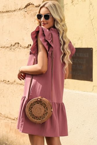 Image of Dokotoo Womens Summer Dresses 2026 V-Neck Drawstring Ruffle Cap Short Sleeve Side Pockets Mini Dress Sundress