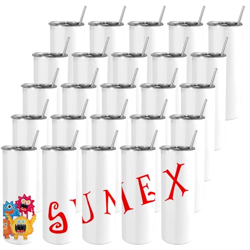 Sumex 25 Pack Sublimation Blanks Skinny Tumbler White 20 OZ Straight Doubler Walled Stainless Steel Tumbler with Plastic Straw for Mug Tumbler Heat Press Machine