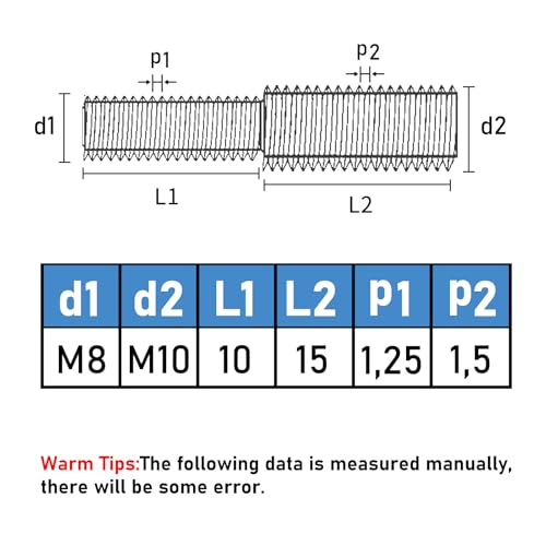 GUEEYUAW 10 Stück M8×10mm zu M10×15mm Doppel Ende Gewindebolzen, 304 Edelstahl V2A Gewinde Reduzier Adapter （Gesamtlänge 25 mm）