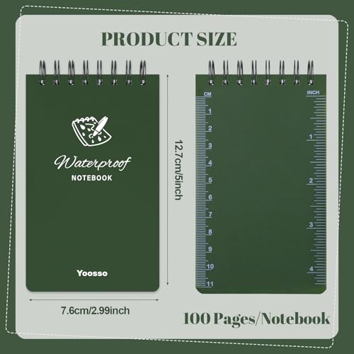 Yoosso 6 Stück Wasserdichte Notizblock, Pocket Notizbuch Spirale Notizblock mit 2 Kugelschreiber Taschennotizblock für Familie Schule Büro (Grün)