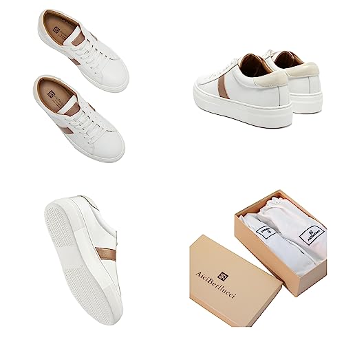 Aiciberllucci Women's Low-Top Casual Fashion Sneakers Authentic Leather Comfortable Lace Up Walking Shoes Shoes Whitebrown Zoy1 99Ap48-Whitebrown-7.5 #TOP6