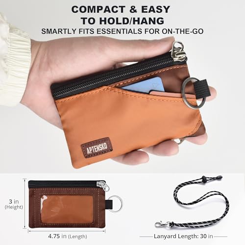 RFID Travel Wallet with Adjustable Lanyard-Zipper Small Wallet with ID Card Holder, Keychain for women&men-Minimalist Slim Waterproof Nylon case for ID, Cash, Key (Rust+Coffee)4