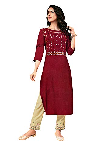 ladyline Rayon Embroidered Kurti with Pants Set for Womens Indian Tunic Kurta Set (Size-50/ Maroon)