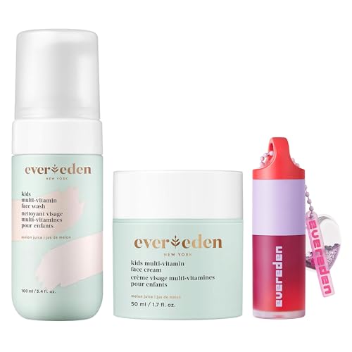 Evereden Happy Kids Skin & Lips Routine - Multi-Vitamin Face Wash & Face Cream Melon & Tinted Lip Oil Ruby Red Set - Clean & Vegan Skin Care for Kids 3+ - Moisturizing, Nourishing, & Protective