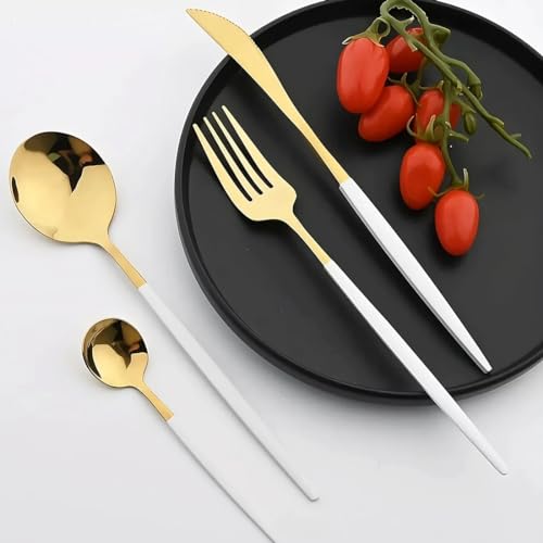 Image of Stainless Steel White Gold Cutlery Set for 6 Person with Gift Box 24 Pieces Mirror Finish Luxury Premium Flatware Set for Dining Table Hotel Cafe Bar Restaurant House Warming Gifts