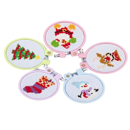 Jeenuuder 5 PCS Kits de punto de cruz de Navidad con tela mostrada para niños principiantes. Material de Punto de Cruz.
