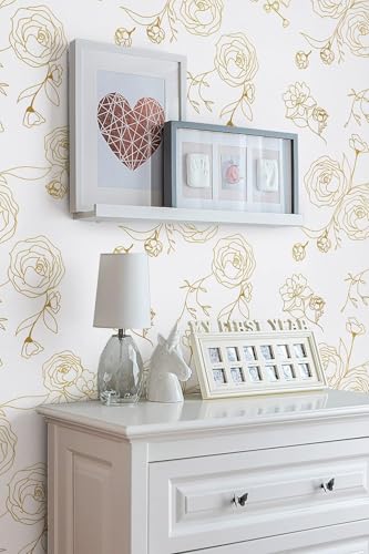 Image of TEKCOOL 45 * 300 Peel and Stick Wallpaper Gold and White Contact Paper Floral Wallpaper Self Adhesive Removable Wallpapers for Bedroom Covering Vinyl Rolls(White & Gold)'