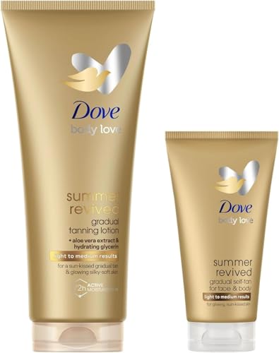 Dove Kit Selbstbräunungslotion Summer Revived Für Gesicht und Körper Helle und Mittlere Hauttypen Stufenweise Bräune Strahlende Haut 72H Feuchtigkeit Mit Aloe Vera 1x 200 ml + 1x 75 ml