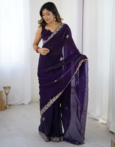 Image of SIRIL Women's Tissue Silk Sequence Embroidery Saree with Unstitched Blouse Piece