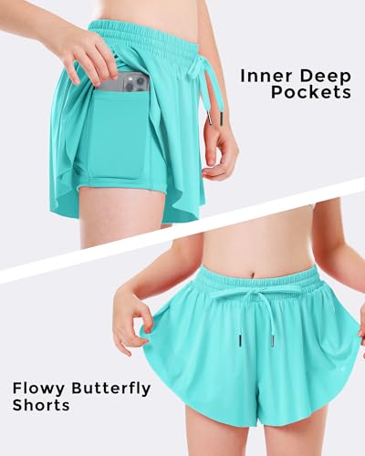 Image of Stelle Girls Flowy Shorts with Pockets Athletic Running Skirt High Waist Butterfly 2 in 1 Sports Short 5-16 Years