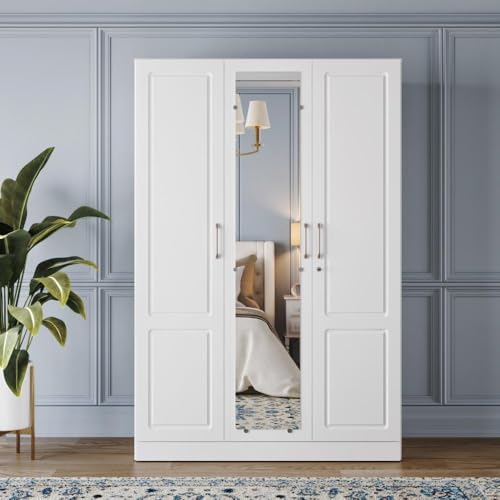 Image of Wakefit Wardrobe for Bedroom | 3 Yr Warranty | Cupboard for Bedroom, Almirah, Wooden Wardrobe, Comes with LED light, Storage Drawer, Mirror & Hanger, Density:680-750kg /m, Free Installation(Tyrian-FW)