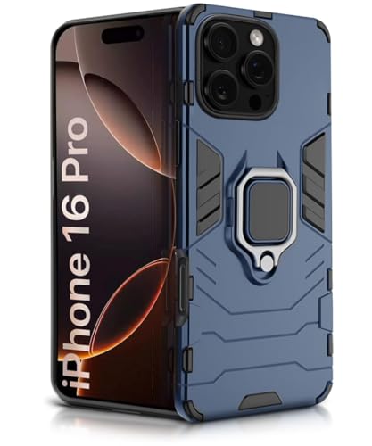 Image of WOW IMAGINE Shock Proof Back Case Mobile Cover for iPhone 16 Pro | Back Cover Case (Tough Armor | Hybrid PC + TPU | Ring Holder & in-Built Kickstand | Blue)