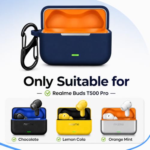 Image of Silicone Case for Realme Buds T500 Pro TWS Earbuds | Shockproof 360 Protective Cover | Heavy-Duty Carabiner Clip | LED Visible | Soft Anti-Slip & Lightweight Case (Blue)