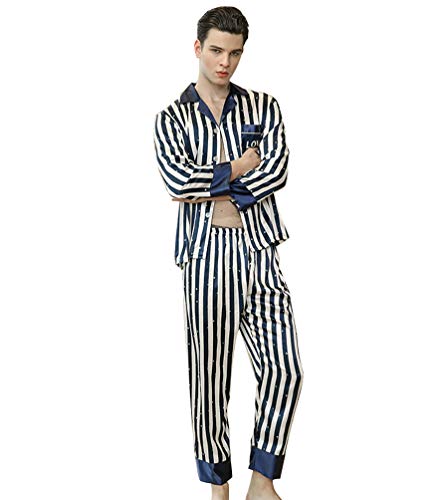 WanYangg Vêtement De Nuit pour Hommes Rayures Verticales Pyjama Ensemble Pantalons Et Haut À Manches Longues Satin Boutonné Pyjama Chemise Homewear Marine2XL Cover