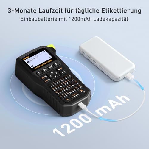 SUPVAN G15M Mini Industrielle Etikettendrucker mit 2 Etiketten, Wiederaufladbares Etikettiergerät mit QWERTZ Für 6-15 mm Thermoetiketten & Schrumpfschläuche, Label Printer für Fabrik, Außenbereich