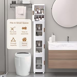 VECELO 4-Tier Tall Narrow Storage Cabinet with Movable Wheels, Adjustable Shelves, Anti-Tip, Slim, for Small Space, Bathroom, Kitchen, Laundry, White VECELO 4 Tier Tall Narrow Storage Cabinet with Movable Wheels Adjustable Shelves Anti Tip Slim for Small Space Bathroom Kitchen Laundry White