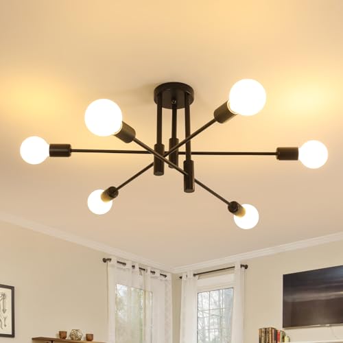 Comely Modern Sputnik Chandelier Ceiling Light, 6-Lights Semi Flush Mount Ceiling Lights with E27 Base, Black Adjustable Ceiling Lights for Living Room, Bedroom, Dining Room, Kitchen