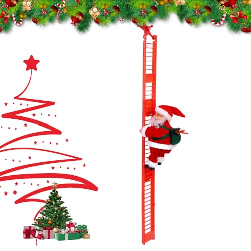 Electric Climbing Santa, 2025 New Hanging Christmas Decorations, Musical Climbing Santa on Beads Chain/Ladder, Xmas Gifts Santa Climbs Up and Down with Music (Red Ladder A)
