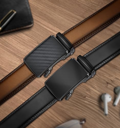 Image of KEMISANT Men Belt 2 Pack, Leather Ratchet Belt Easy Click Slide For Men 1 3 /8 inch,Cut for Fit