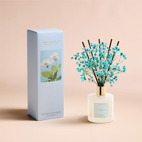 Image of COCORRINA Reed Diffuser - Wild Mint & Eucalyptus 6.7 Fl.oz Reed Diffuser Set with Sticks & Preserved Baby's Breath, Reed Diffuser for Home Bathroom Shelf Decor
