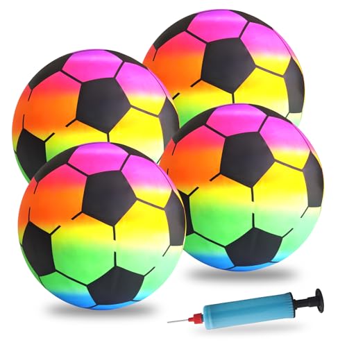 YIMETOP 4 Stück Regenbogen Ball Kinder, PVC Fussball Kinder und Erwachsene, Aufblasbaren Bälle mit Pumpe, 21cm Kinderball Regenbogenball Wasserball, Fußball für Innen und Außen Spielball Kinders