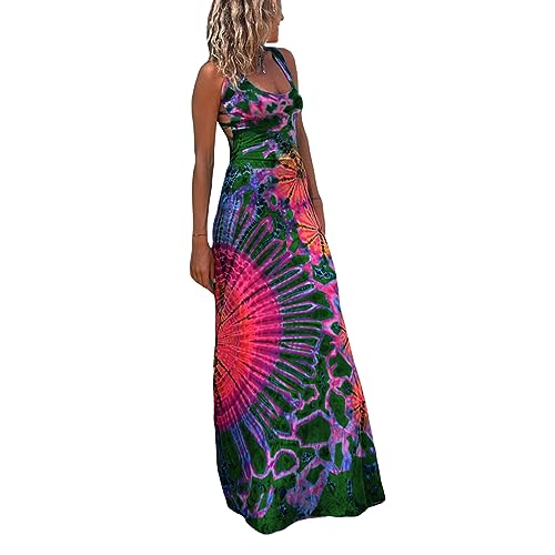 Image of Women Sexy Backless Maxi Dress Y2k Tie-Dye Print U-Neck Sleeveless Fashion Cross Backless Party Dress