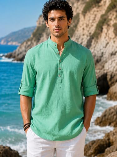Image of Majestic Man Men's Pure Cotton Solid Mandarin Collar Slim Fit Roll-Up Sleeves Short Kurta Lightweight Summer Kurta for Daily & Occasion Use