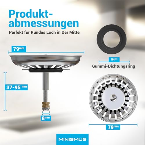 MINISMUS Höhenverstellbarer Waschbecken - Siebkörbchen Abflussstopfen Edelstahl Waschbeckenstöpsel Waschbeckensieb – Sieb Stöpsel Abfluss Küche Spüle Abflussstopfen Küchenspüle (79 mm)