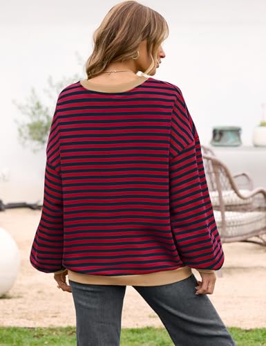 Image of UEU Women Oversized Striped Crewneck Sweatshirt Long Sleeve Color Block Pullover Tops Casual Loose Workout Shirt