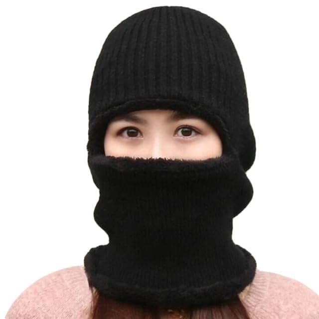Image of Snow Proof Inside Fur Wool Unisex Monkey Beanie Cap Hat | Breathable Knit Thick Fleece Lined Foldable Use as Skull Woolen Winter Caps Hat Men & Women | Motorcycle Balaclava | Freesize