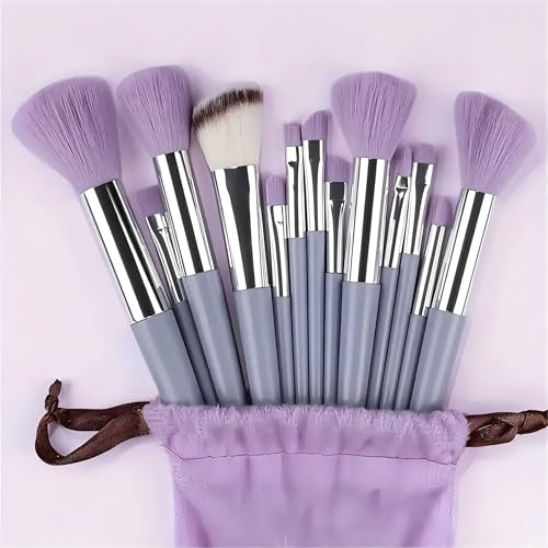 Image of GLUN 13 Piece Set Metallic Purple Colour, Travel Makeup Brushes with Cloth Bag for Makeup Artists, Foundation, Powder, Concealer, Eyeshadow, Blush, Highlighter, Eyebrow, Brushes
