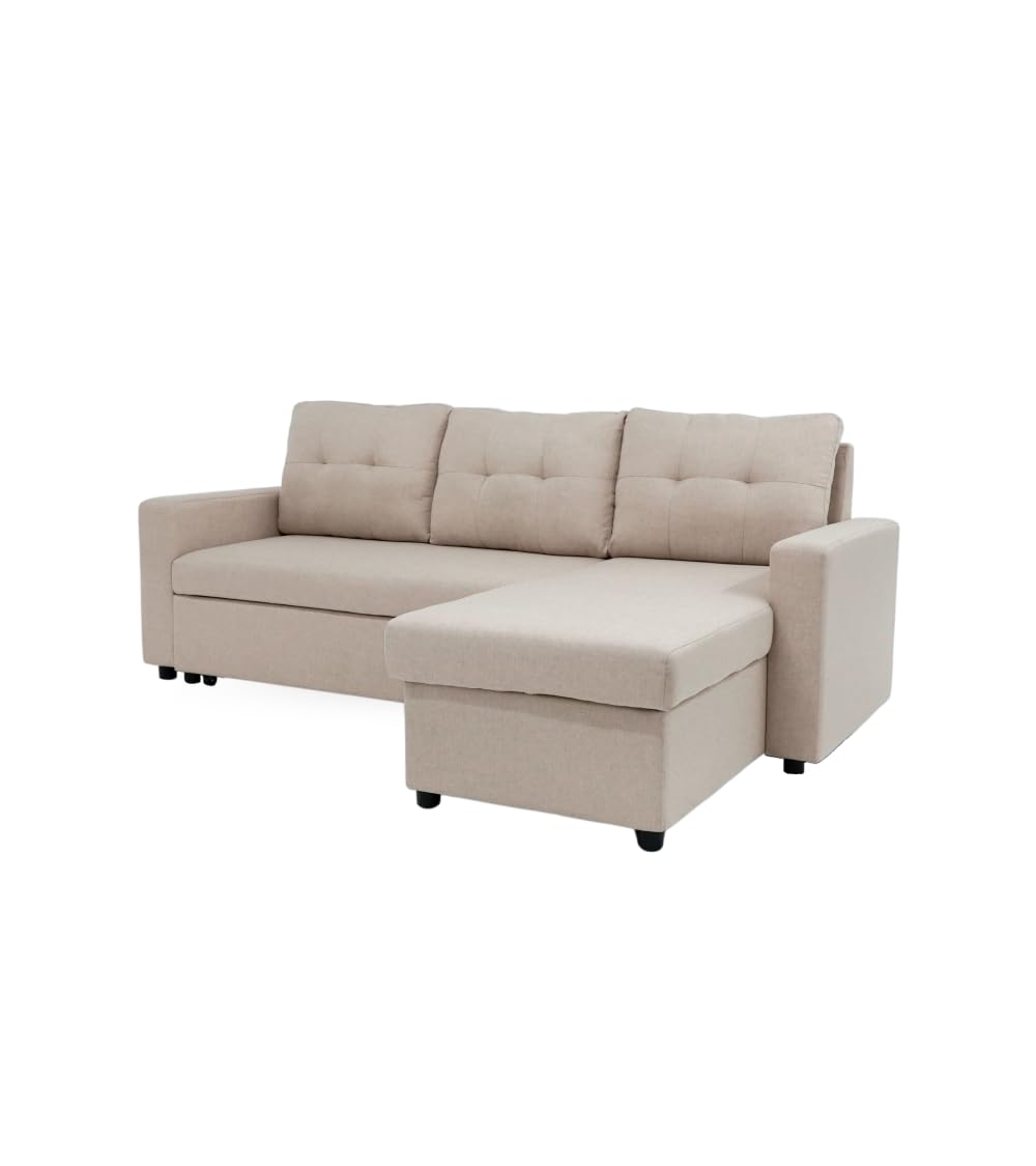 SWEET SOFA® Sofá Cama Chaise Longue Reversible de 3 Plazas CLONYII - Sofá Moderno y Elegante, Asientos deslizantes, Tapizado en Tela, Ideal para Salón o Sala de Estar, 230 cm en Beige