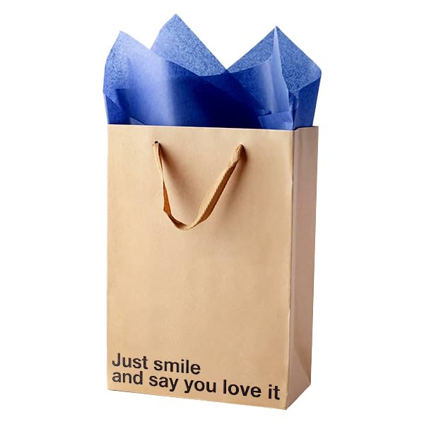 MilkToast Brands Funny Gift Bag, 11" x 8" x 4" Size, Just Smile and Say You Love It, Sarcastic Brown Kraft Paper Bag with Handles, Funny Gift Bag for Birthdays, Mother's Day, Father's Day, Holidays, Office Parties