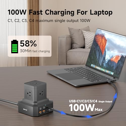Estación de Carga (100W), Multitoma USB C 11-en-1 con Protección contra Sobretensiones, Cable de Extensión de 2.01 m, 4 Puertos USB C y 2 USB A, 5 Tomas AC para Oficina y Dormitorio miniatura 4