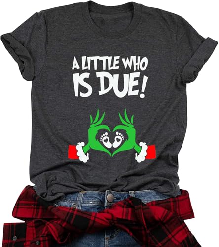 Christmas Pregnancy Announcement Shirt Women Christmas Maternity Pregnancy T Shirt Casual Letter Print Tee Tops(L Gray)