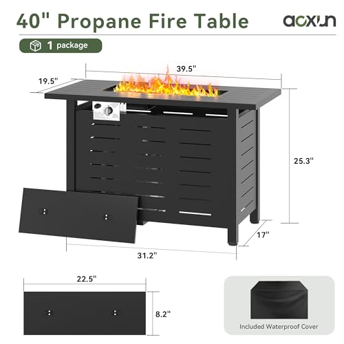 Image of Aoxun 40 Inch Outdoor Propane Fire Pit - 50,000 BTU Gas Fire Pit Table with Lava Rocks, Patio Heater Rectangle Fire Table with Removable Lid & Waterproof Cover for Deck, Backyard, Garden, Black