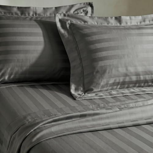 Image of LANE LINEN 100% Cotton Super King Elastic Fitted Bedsheet with 2 Pillow Cases | Damask Stripe 3pc Bedding Set- 1.83M x 1.98M + 30cm Deep Pocket | Breathable Fabric | Oeko-TEX Certified - Charcoal