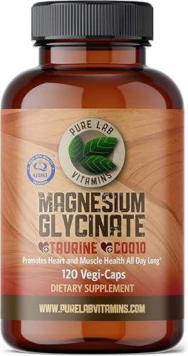Pure Lab Vitamins | Magnesium Glycinate Complex with Taurine & Ubiquinol COQ10 Supplement | 120 Capsules | Cardio Healthy Heart, Muscle Cramps, Sleep Support, Relaxation Sleep, Healthy Bones and Teeth