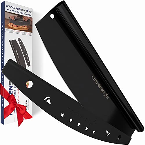 Photo 1 of 18” Black Non-Stick Pizza Cutter by KitchenStar Sharp Stainless Steel Slicer Knife - Rocker Style w Blade Cover Chop and Slices Perfect Portions + Dishwasher Safe – Premium Pizza Oven Accessories