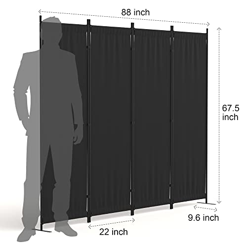 Room Divider, 4 Panel Folding Privacy Screen, 88” Portable Separating with Metal Feet, Partition Room Dividers, Lightweight Freestanding Wall Divider Screen for Office Bedroom Hospital(Black, 4 Panel)