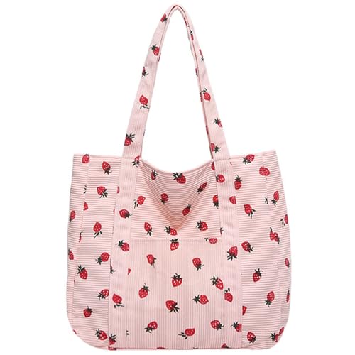 Pineeseatile Sacs à main mignonne, sac fourre-tout à la fraise pour femmes, sac fourre-tout esthétique avec fermeture éclair, fraises mignonnes avec poche avant