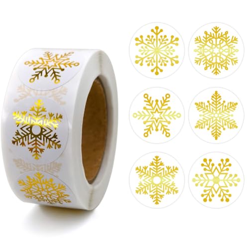 Image of 500Pcs Christmas Stickers Roll for Cards 6 Designs Gold Foil Snowflake Stickers Clear Xmas Winter Holiday Round Adhesive Label Stickers Decal for Xmas Envelopes Invitations Cards Gifts Decor