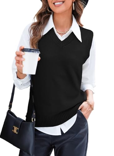 EVALESS Sweater Vest Women V Neck Knit Sleeveless Tunic Tank Tops Business Casual Loose Fit Pullover Sweater Tops Fall Winter Fashion 2025 Outfits Vest Tops for Women Black Large