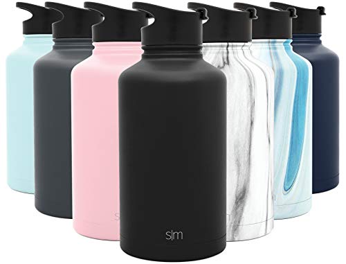 Simple Modern 64 Ounce Summit Water Bottle - Stainless Steel Half Gallon Flask 2 Lids - Wide Mouth Double Wall Vacuum Insulated Leakproof - Midnight Black