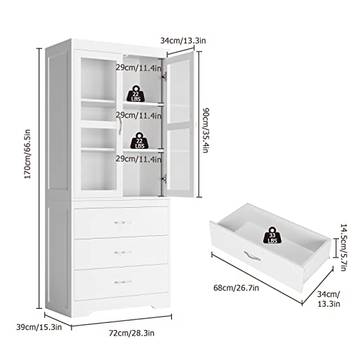 FOTOSOK-White-Kitchen-Pantry-Cabinet-67-Tall-Storage-Cabinet-with-2-Tempered-Glass-Doors-Modern-Kitchen-Cupboard-Large-Floor-Cabinet-with-3-Shelves-and-3-Drawers-for-Home-Office FOTOSOK White Kitchen Pantry Cabinet 67 Tall Storage Cabinet with 2 Tempered Glass Doors Modern Kitchen Cupboard Large Floor Cabinet with 3 Shelves and 3 Drawers for Home Office