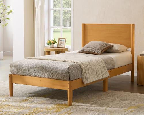 Image of AMERLIFE Solid Wood Twin Bed Frame, Mid Century Bed with Headboard, Natural | Platform Bed with Full Panel Headboard, Noise-Free & Cylindrical Legs, No Box Spring Needed, Under-Bed Storage