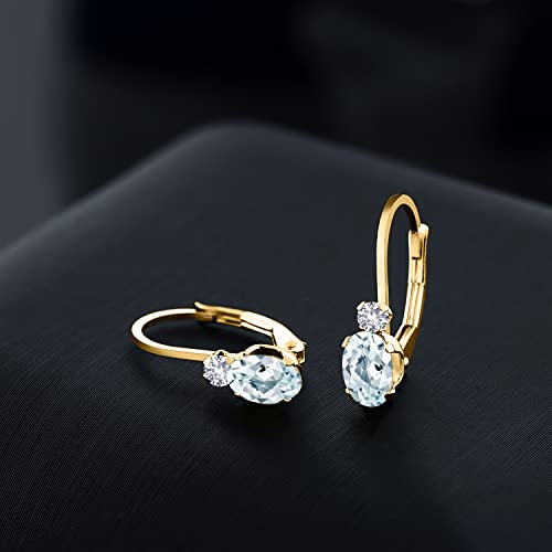 Gem Stone King 18K Yellow Gold Plated Silver Gemstone Birthstone and White Created sapphire Drop Leverback Earrings for Women | Oval 6X4MM and Round 2MM | 3/4 Inch3