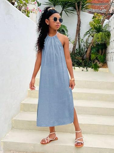 ZAFUL Girls Dresses Summer Casual Sleeveless Halter Neck Solid Color Flowy Midi Dress for 8-12 Years2